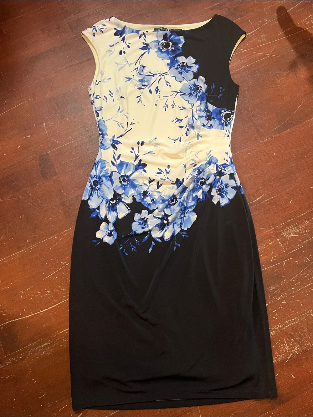 Ralph Lauren Black and Cream Midi Dress with Blue Floral Print